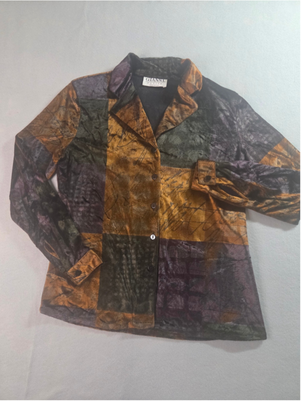 Women's Gianni Petite Blouse Size 4P Brown Black Patchwork Button Down Top